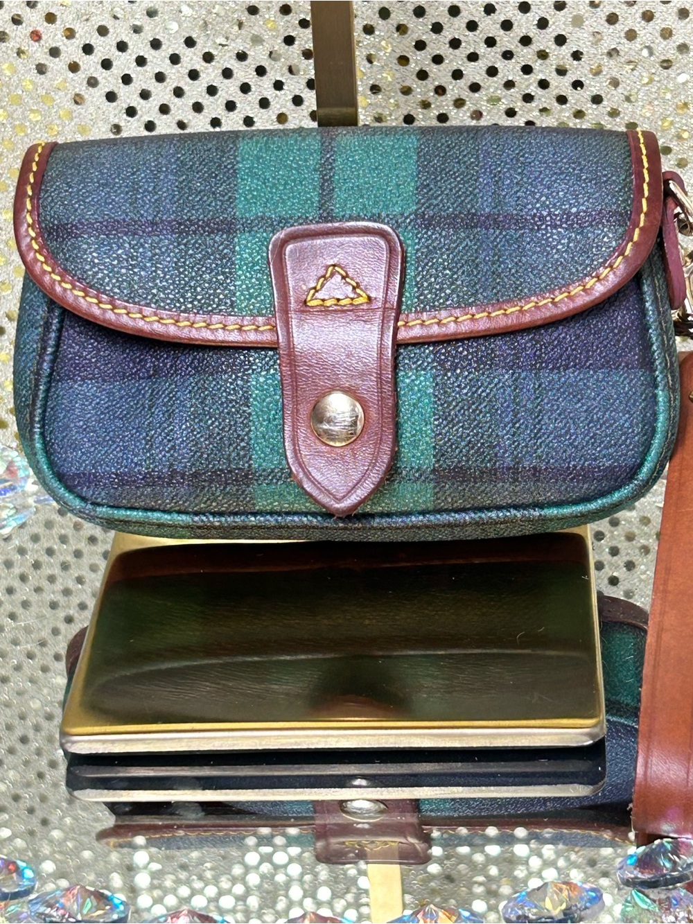 Dooney & Bourke Green and Navy Tartan Crossbody w/Brown Leather Trim Approx. 6x4